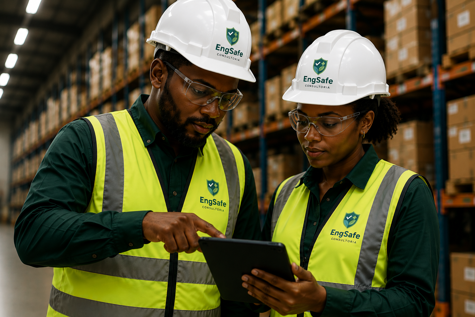 Dois profissionais negros analisando informações de segurança do trabalho em um tablet